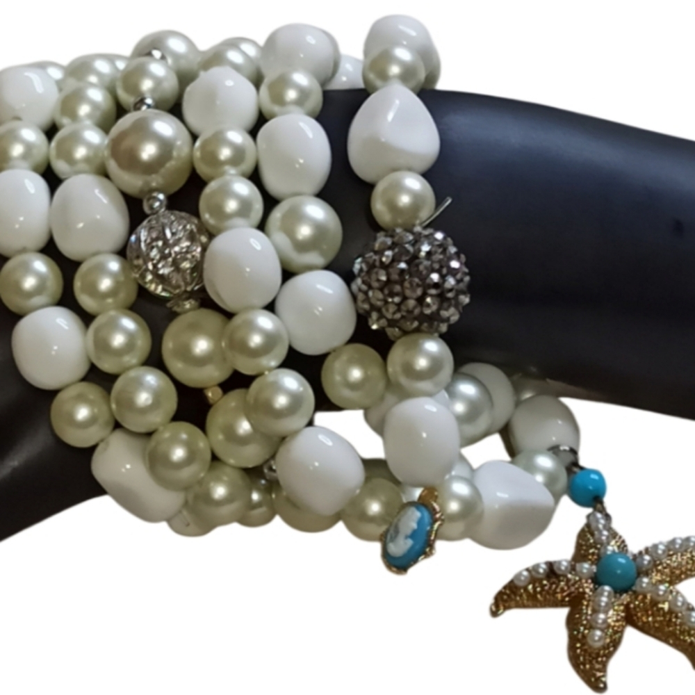 Vintage 80's White and Gold Multi-Strand Bracelet with Starfish Charm